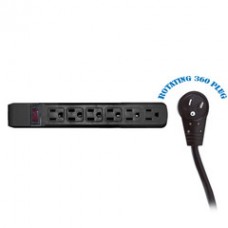 Surge Protector, Flat Rotating Plug, 6 Outlet, Black Horizontal Outlets, Plastic, Power Cord 25 foot