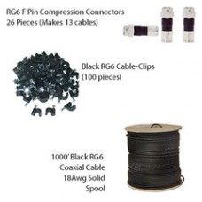 RG6 Bulk Cable Kit, includes: 1000 foot RG6 Spool, RG6 F-Pin Compression Connectors and Cable Clips
